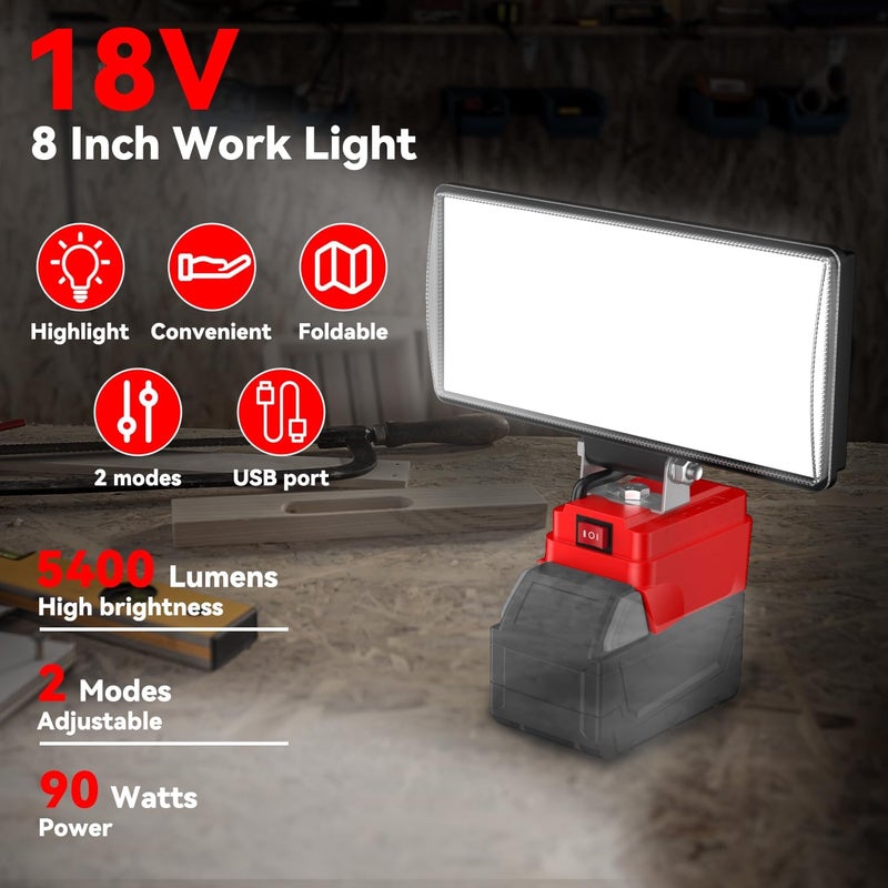 DEMIMA 8" Cordless LED Work Light for Milwaukee M18 Battery, Two Levels Adjustable FloodLight up to 90W 5400 Lumens with USB Charging Port, Portable LED Flashlight for Work, Camping, Outdoor(No Battery) - Image 2
